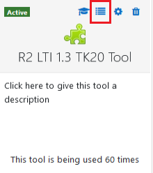 The Moodle interface showing the 'R2 LTI 1.3 TK20 Tool' with an option to add a description and a highlighted 'Expandable menu' icon.