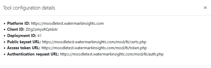 The 'Tool configuration details' showing platform and tool URLs.