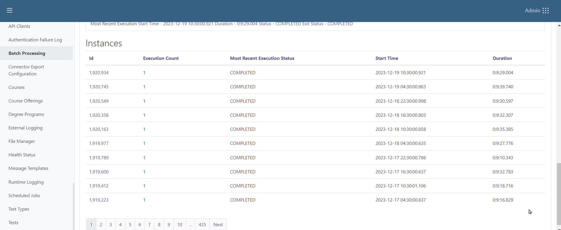 The Batch Processing page showing the Instances section with a table listing Id, Execution Count, Most Recent Execution Status, Start Time, and Duration for multiple entries, along with pagination controls below the table.