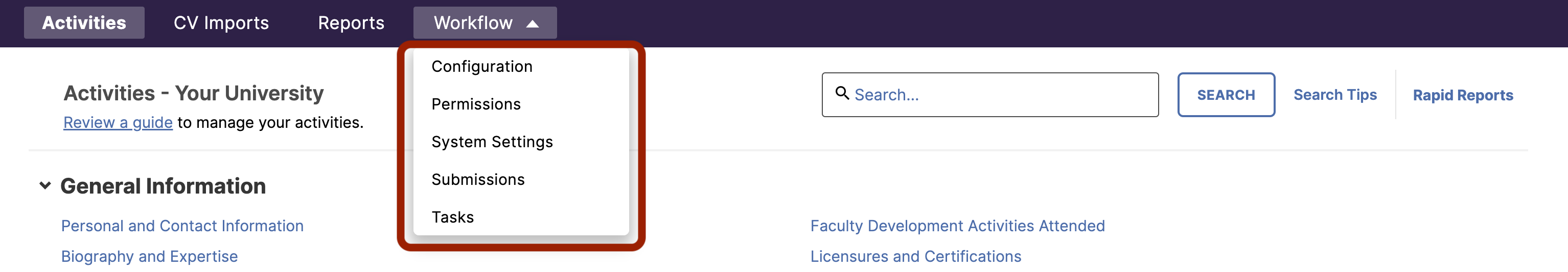 An Activities page showing a Workflow menu expanded with options for Configuration, Permissions, System Settings, Submissions, and Tasks highlighted.