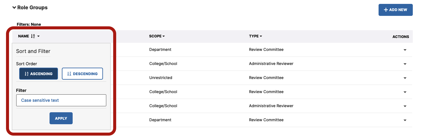The Role Groups page showing an open Sort and Filter panel for the Name column with buttons for ascending and descending sort, a text filter field, and an Apply button.