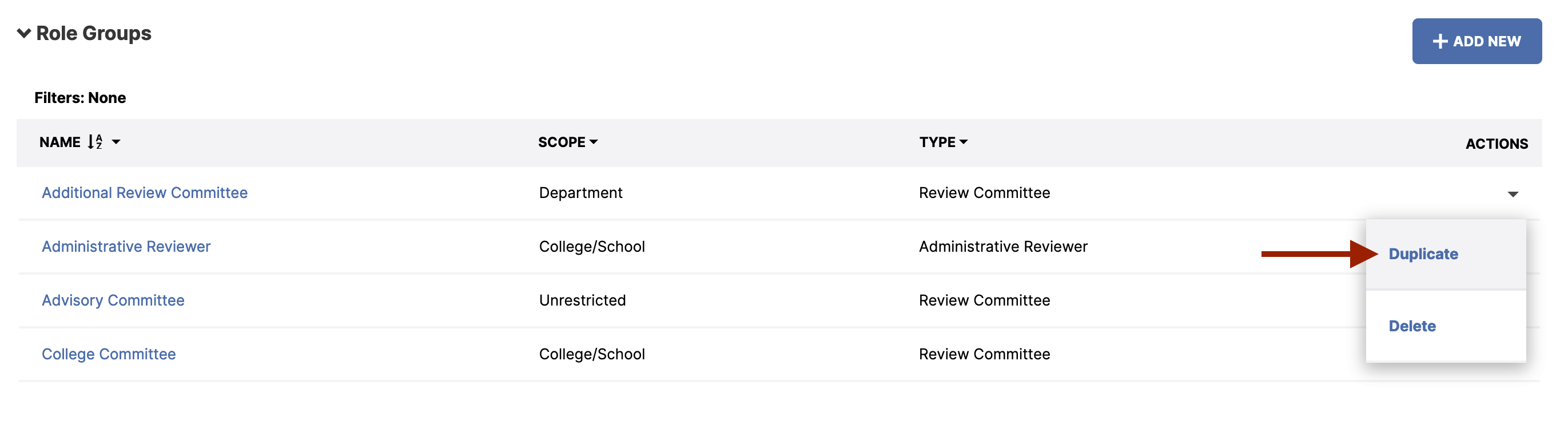The Role Groups page showing an open Actions menu for the Administrative Reviewer row with an arrow indicating the Duplicate option above a Delete option.