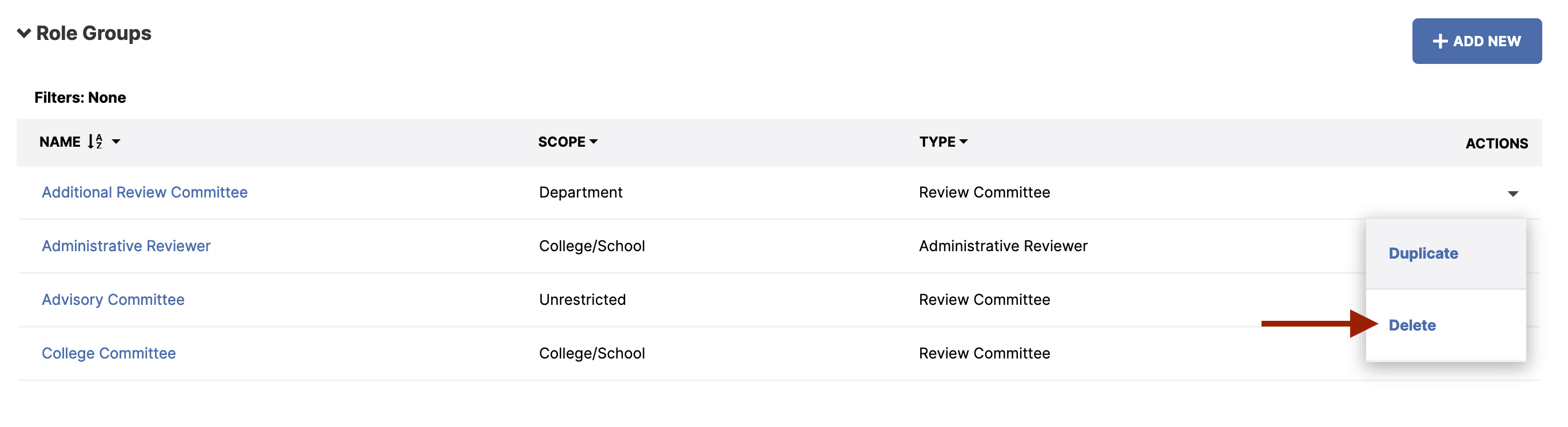 The Role Groups page showing an open Actions menu for the row with an arrow indicating the Delete option below the Duplicate option.