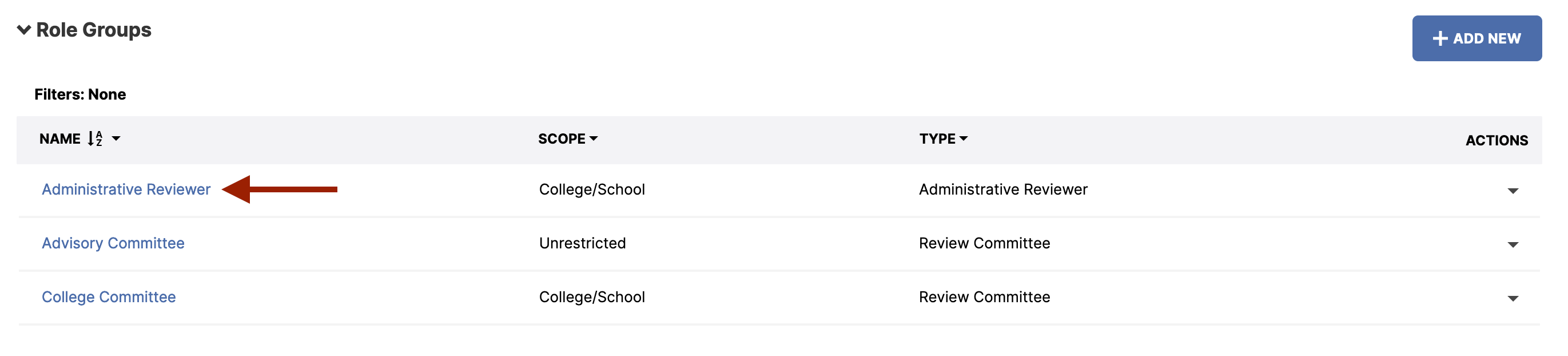 The Role Groups page showing a table of role group entries with the link ‘Administrative Reviewer’ indicated by an arrow, displayed alongside columns for name, scope, type, and actions, with an Add New button above the table.
