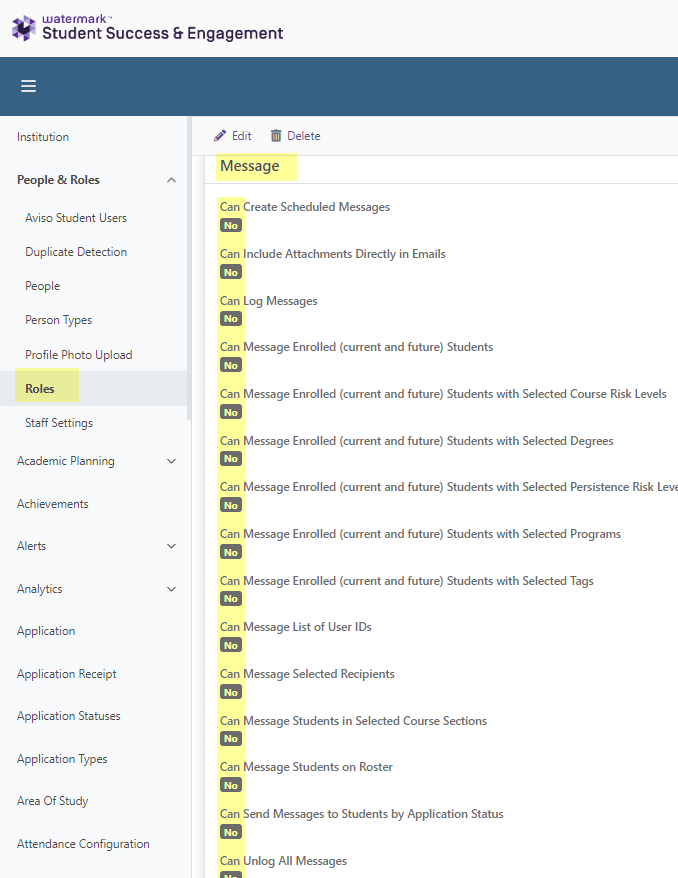 The Messages page under Roles, showing a list of questions with permissions set to 'No.'