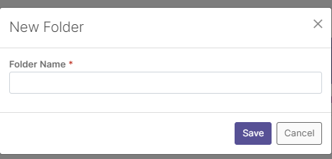 The 'New Folder' dialog showing an input field for folder name, with 'Save' and 'Cancel' buttons.