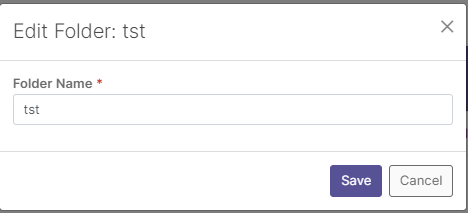 The 'Edit Folder: tst' dialog showing 'tst' in the folder name field, with 'Save' and  'Cancel' buttons.