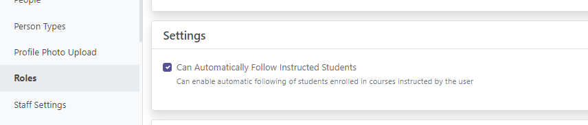 The Settings page with Can Automatically Follow Instructed Students checkbox field for enabling automatic student following.