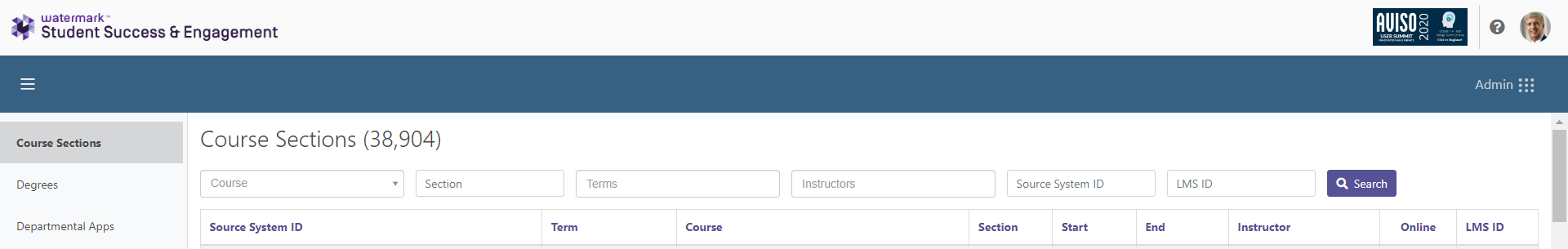 The 'Course Sections' page showing filters for course, section, terms, instructors, source system ID and LMS ID, along with a search bar.
