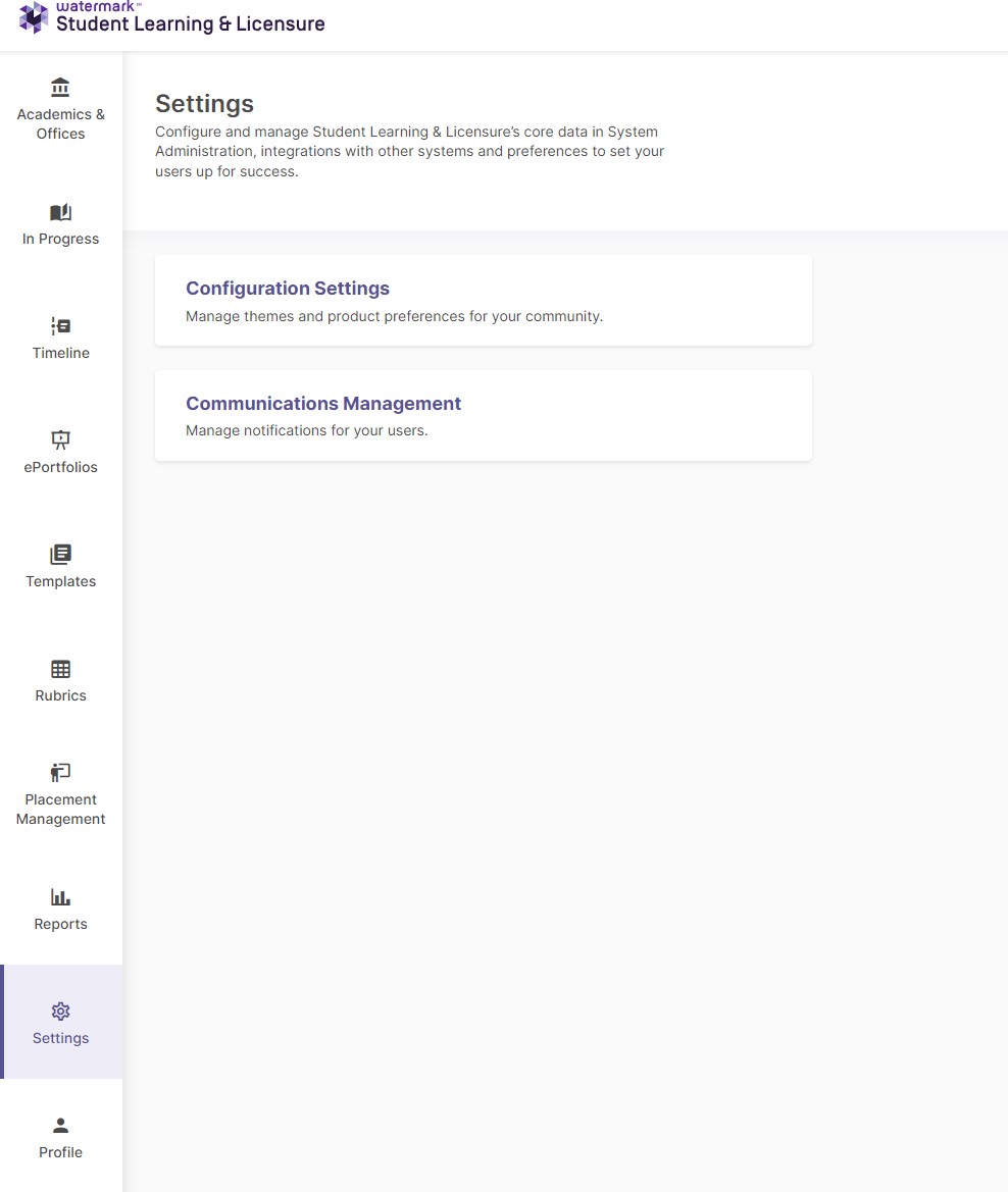 A screenshot of the administrator Settings page, showing the location of Configuration Settings.
