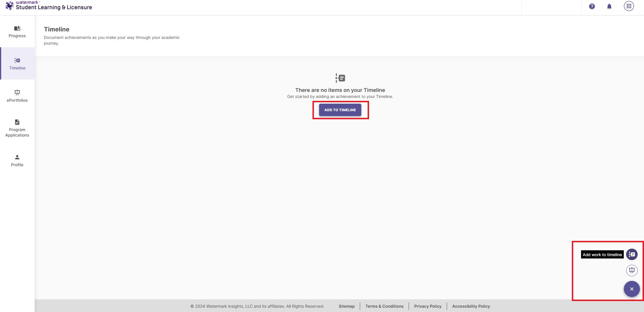 The Timeline page showing no timeline items with an Add to Timeline button at the center. A floating action button in the lower right opens a menu with an option to add work to the timeline.