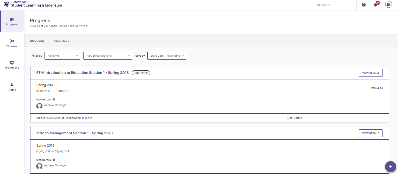 The Progress tab interface showing a list of active internship courses with a prominent Time Logs button on the right side of each course row.