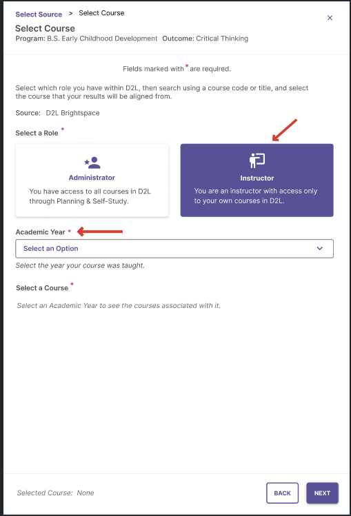 A Select Course page showing options for choosing a role in D2L, including Administrator and a highlighted Instructor option, along with dropdown fields for selecting an academic year and a course for aligning results.