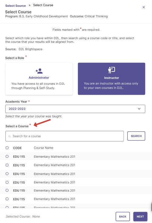 A Select Course page showing selected options for role and academic year, with the Instructor role highlighted, a chosen academic year displayed, a search field for selecting a course highlighted, and a list of available courses shown in a table format.