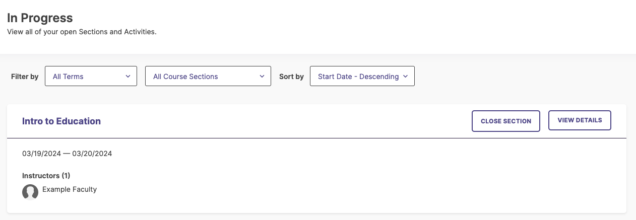 The In Progress page showing a class section with filtering options and buttons to view details or close the section.