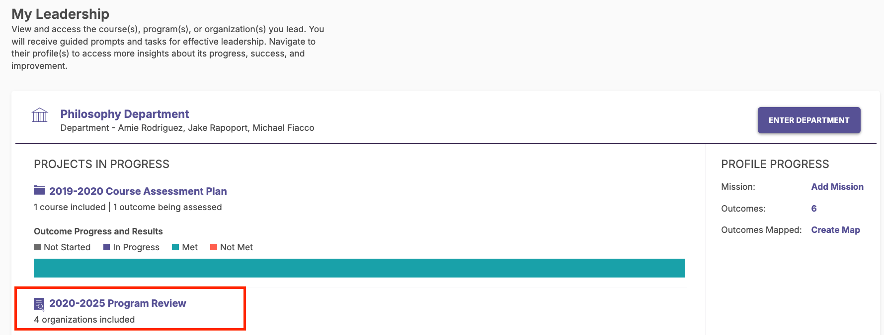 A leadership page showing a department section with projects in progress, including assessment and program review items, along with profile progress information and Enter department button.