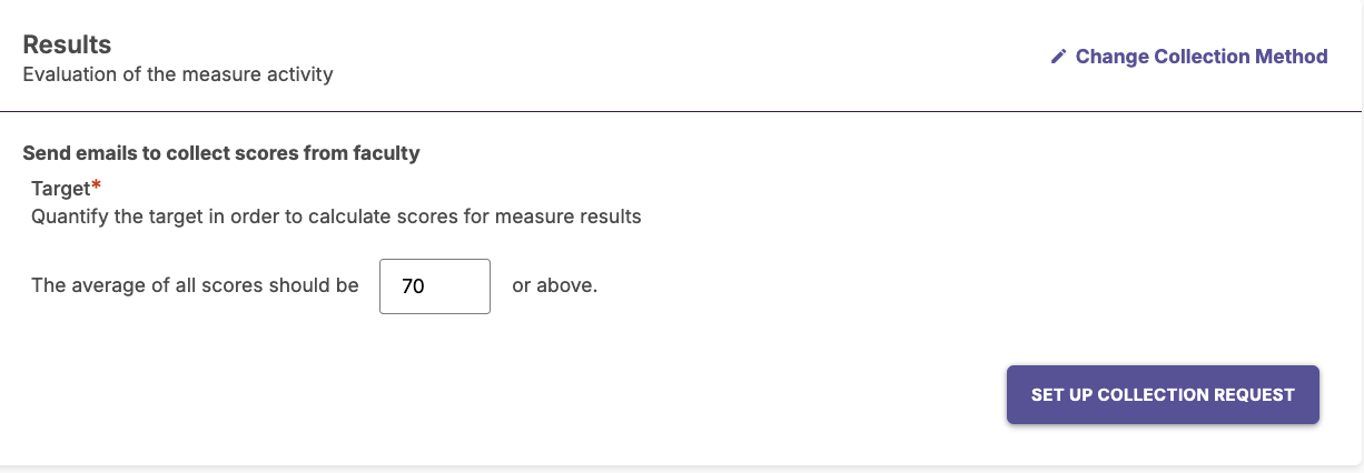 The Results section showing a numerical input field to set a target, with a button to set up a collection request in the bottom-right corner.