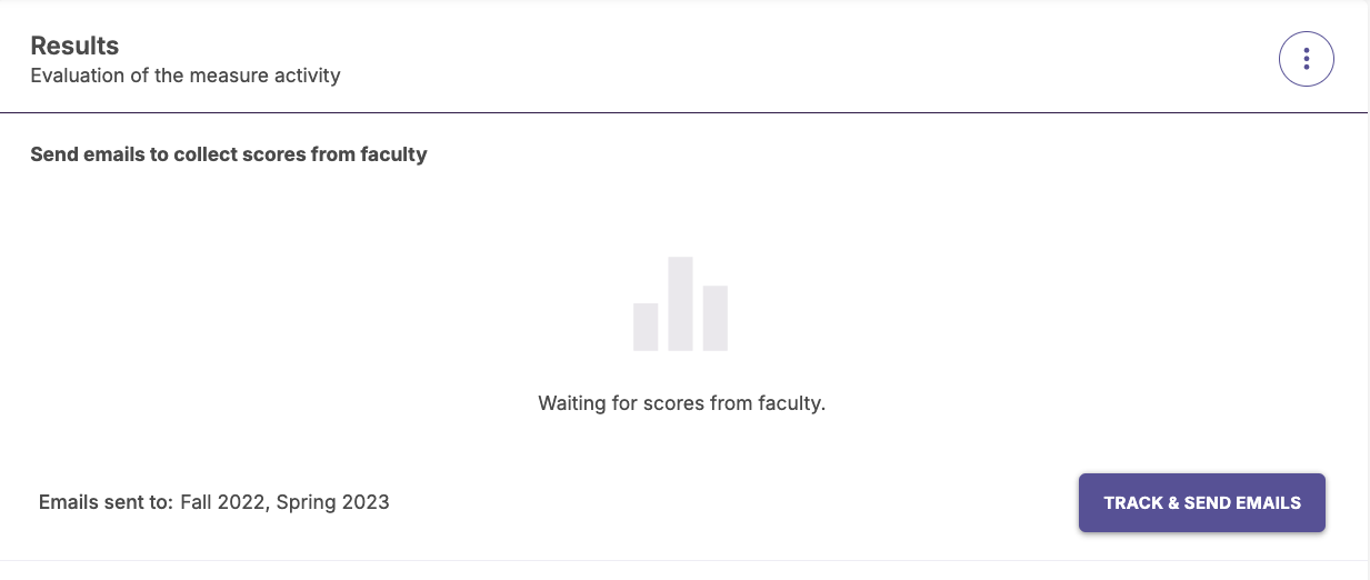 The Results section showing the scores page indicating the faculty scores are pending, with a button to track and send emails in the bottom-right corner.