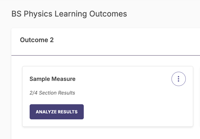 A result card labeled 'Sample Measure' in the Outcome 2 section of the BS Physics Learning Outcomes page with a button to analyze results.