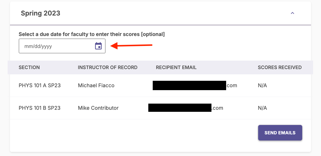 An expanded term menu with an arrow pointing to an optional field to select a due date, with a button to send emails.