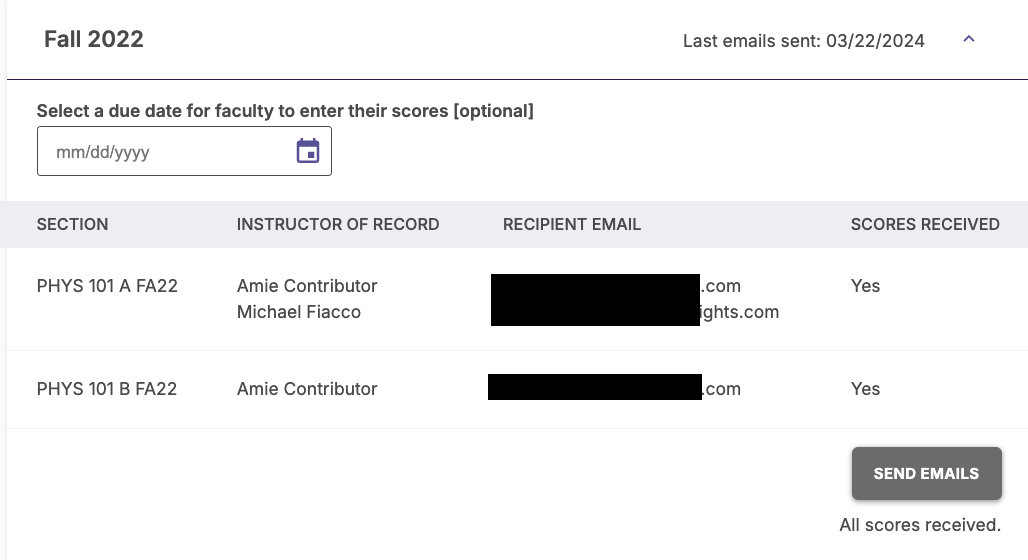 An expanded term menu with a message below the button to send emails indicating that all scores have been received.
