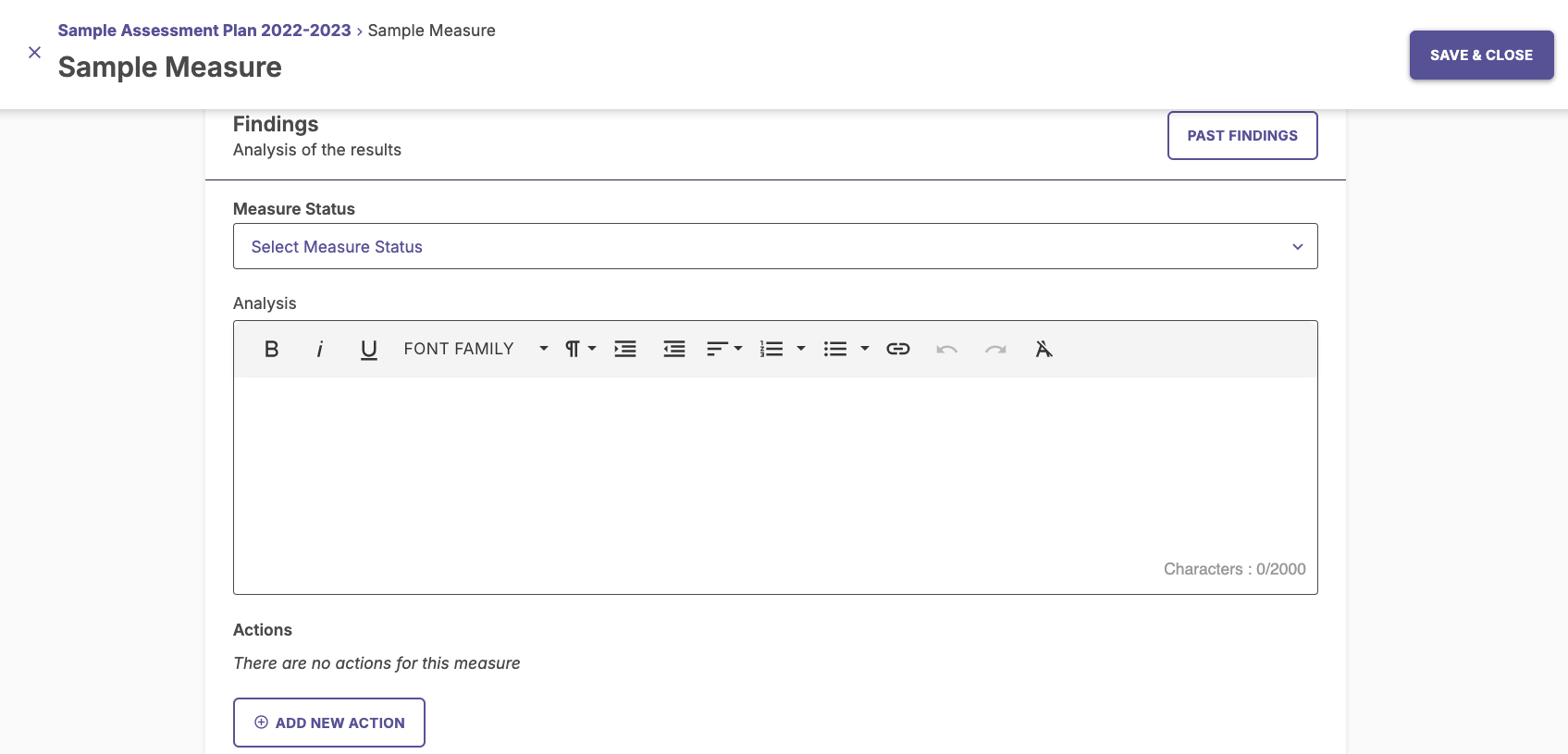 The Findings section under Sample Measure page showing fields to enter details of a new finding, with an option to save in the top-right corner.