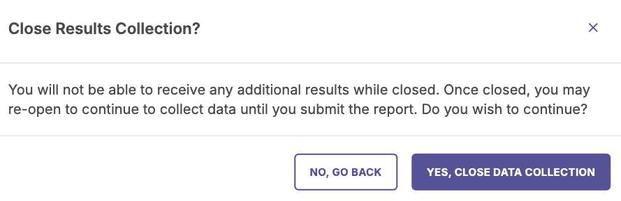 A confirmation modal warning that closing results collection will prevent additional submissions, with options to go back or close data collection.