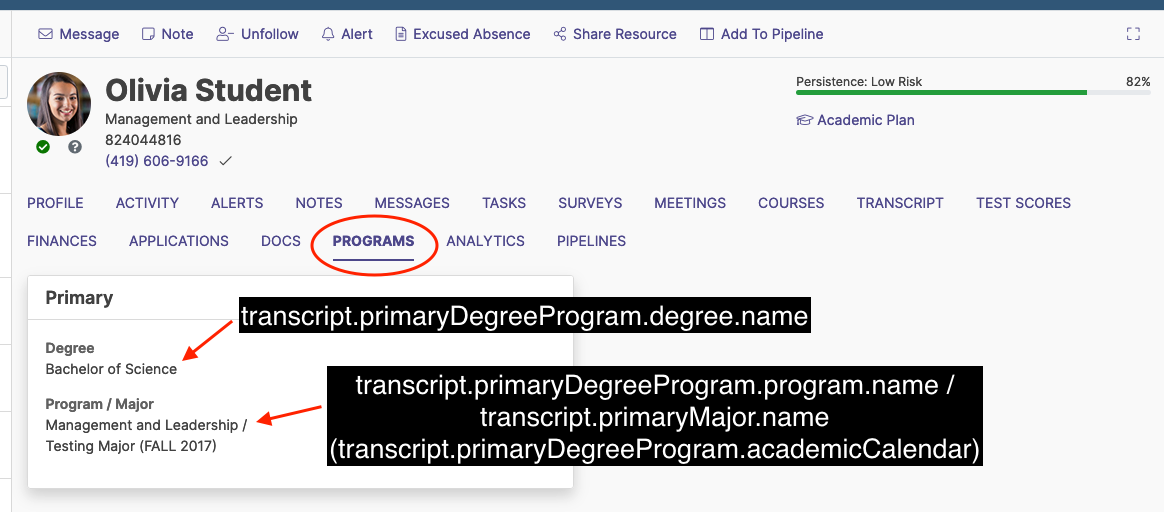 A Programs page showing primary academic information, including the degree title and the program or major name, with the Programs tab, the degree name, and the program or major name highlighted.