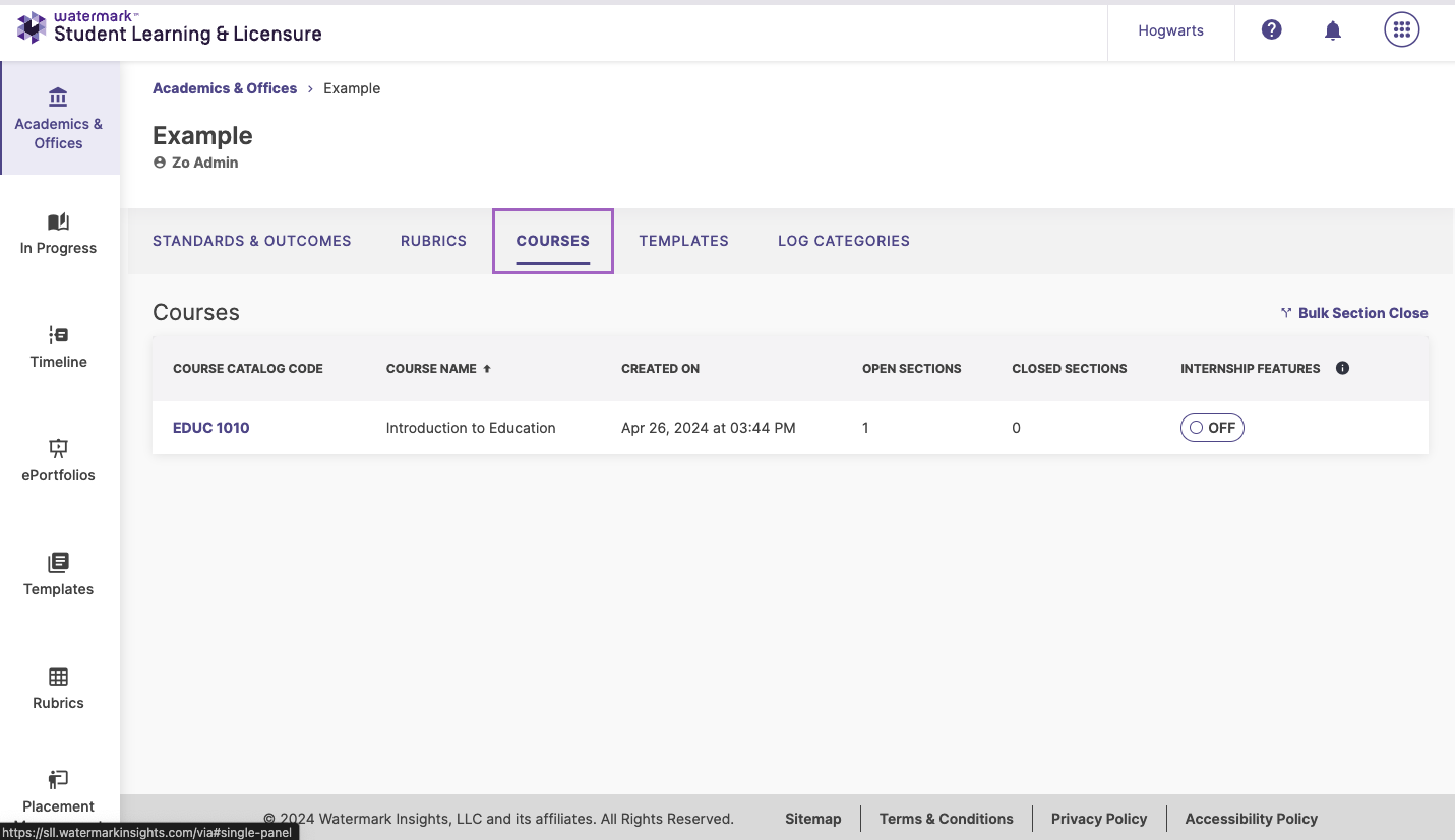 A courses page showing the Example organization with navigation tabs for Standards & Outcomes, Rubrics, Courses, Templates, and Log Categories, with Courses selected. The page shows a course list containing one course entry with the catalog code EDUC 1010, the course name Introduction to Education, the creation date and time, the number of open and closed sections, and an Internship Features toggle set to Off.