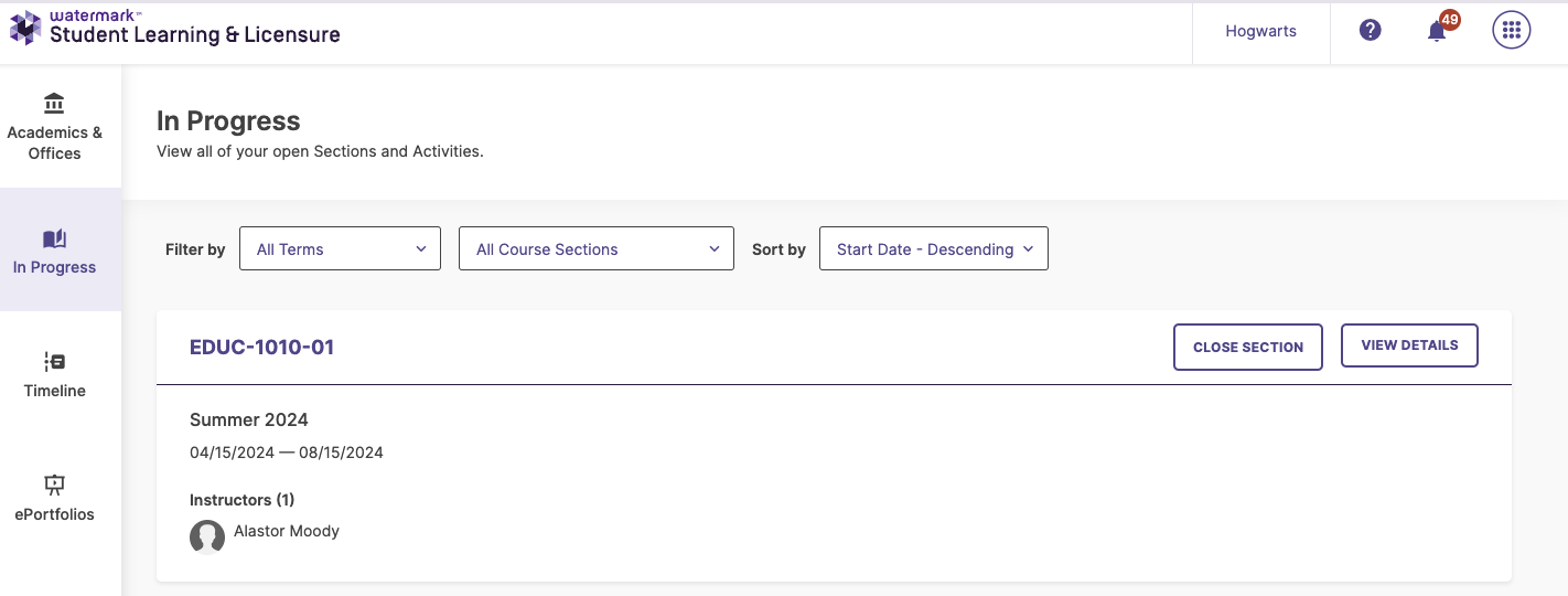 An In Progress page showing filters for term, course sections, and sort order, along with a section listing for EDUC‑1010‑01 that includes the term, date range, instructor count with a listed instructor, and buttons to close the section or view details.
