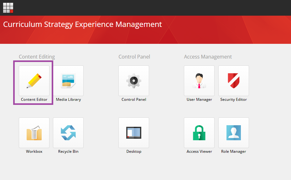 The Curriculum Strategy Experience Management dashboard showing the Content Editing section with Content Editor highlighted, followed by Media Library, Workbox, and Recycle Bin icons. The Control Panel section showing Control Panel and Desktop icons. The Access Management section showing User Manager, Security Editor, Access Viewer, and Role Manager icons.