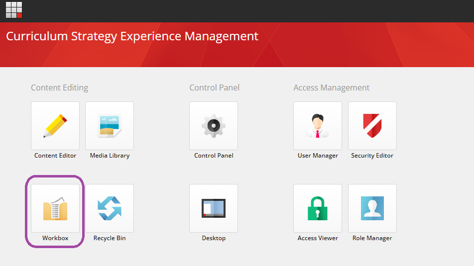 The Curriculum Strategy Experience Management dashboard showing the Content Editing section with Workbox highlighted, followed by Content Editor, Media Library, and Recycle Bin icons. The Control Panel section shows Control Panel and Desktop icons. The Access Management section shows User Manager, Security Editor, Access Viewer, and Role Manager icons.