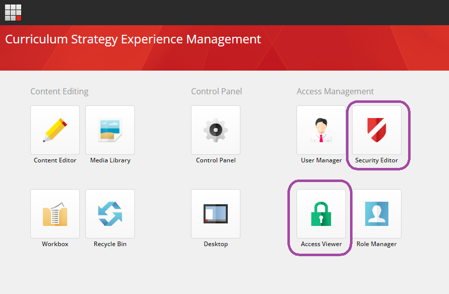 The Curriculum Strategy Experience Management dashboard showing the Access Management section with Security Editor and Access Viewer highlighted, alongside User Manager and Role Manager icons. The Content Editing section shows Content Editor, Media Library, Workbox, and Recycle Bin icons, and the Control Panel section shows Control Panel and Desktop icons.