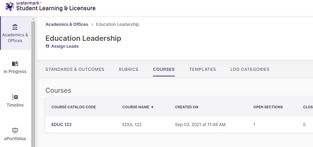 A screenshot showing the Courses tab selected on the Academics & Offices screen.