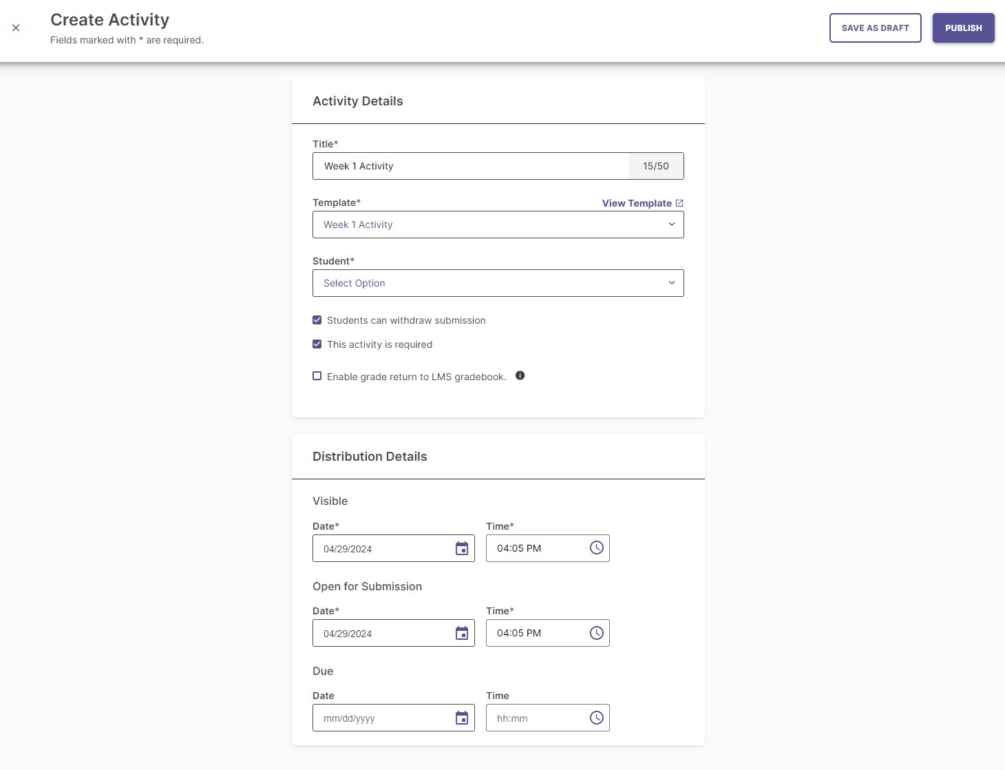 A screenshot of the Create Activity form for a single section, highlighting the Template dropdown menu and the View Template button.