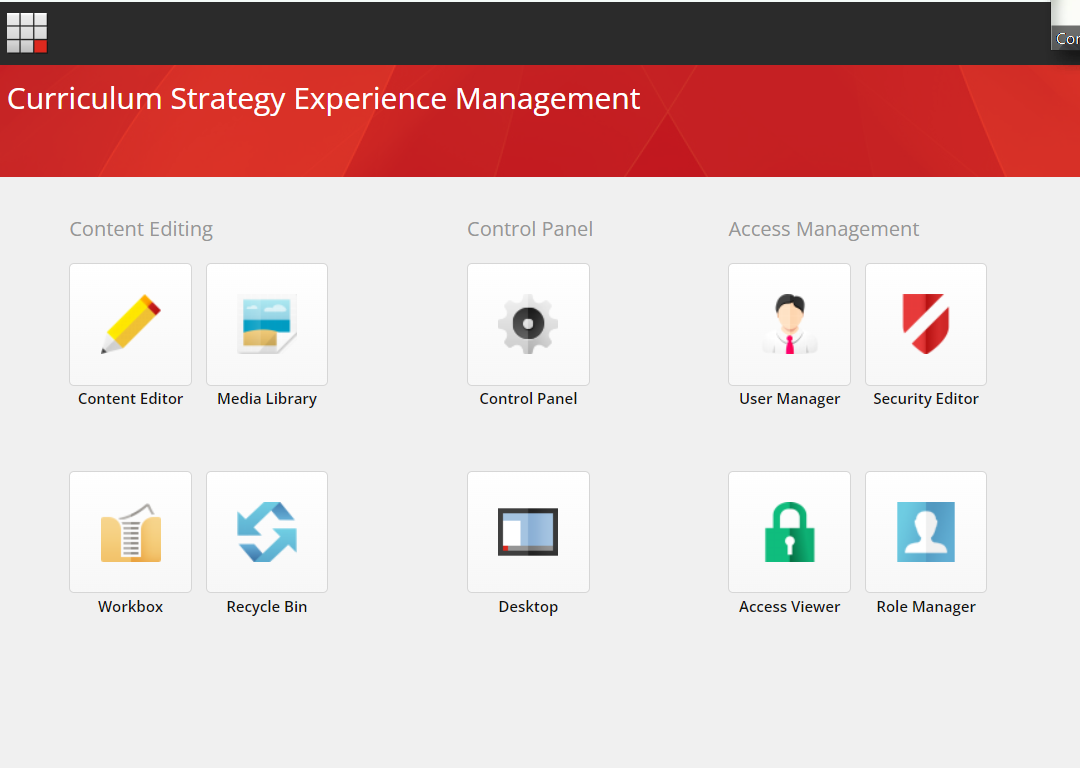 A Curriculum Strategy Experience Management screen showing grouped options for content editing, control panel functions, and access management, including tiles for Content Editor, Media Library, Control Panel, User Manager, Security Editor, Workbox, Recycle Bin, Desktop, Access Viewer, and Role Manager.