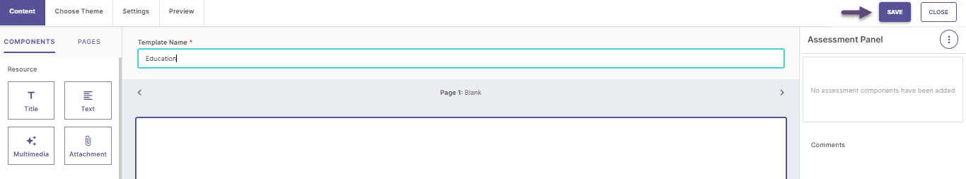 A screenshot of the template page showing the 'Save' button.