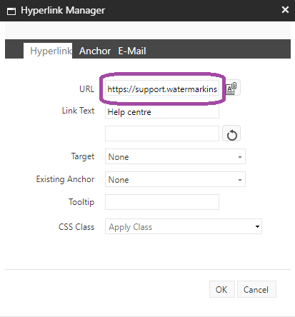 The hyperlink manager showing the URL field highlighted.