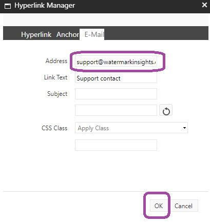 The hyperlink manager showing the Address field highlighted and the OK button highlighted.