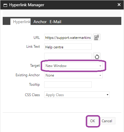 The hyperlink manager showing the Target field set to New Window highlighted and the OK button highlighted.