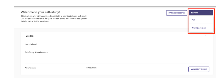 The self‑study page showing a Details section with fields for last updated, administrators, and evidence count. The Export menu highlighted showing options PDF and Word Document.