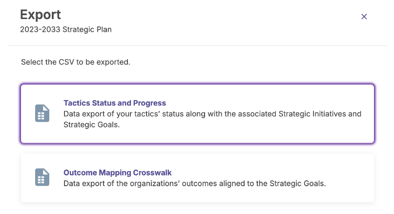 The Export page showing CSV export options for the strategic plan. The Tactics Status and Progress option highlighted and showing a description about exporting tactic status with associated strategic initiatives and strategic goals.