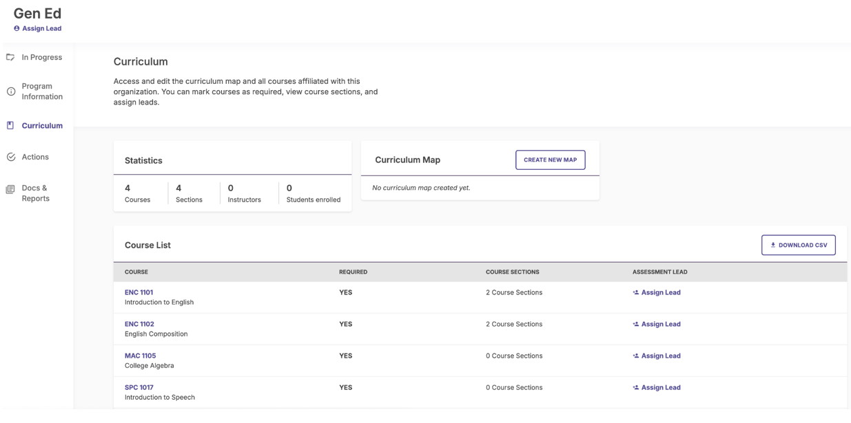 A curriculum page for the Gen Ed program showing statistics for total courses, course sections, instructors, and enrolled students, along with an option to create a curriculum map. A course list is shown with course titles, whether each course is required, the number of course sections, and links to assign an assessment lead.