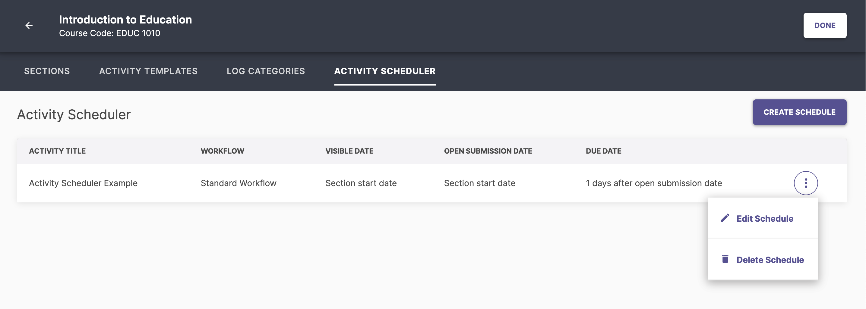 Screenshot of the Activity Scheduler tab, showing three vertical dots next to a scheduled activity and the 'Edit Schedule' option in the dropdown menu.