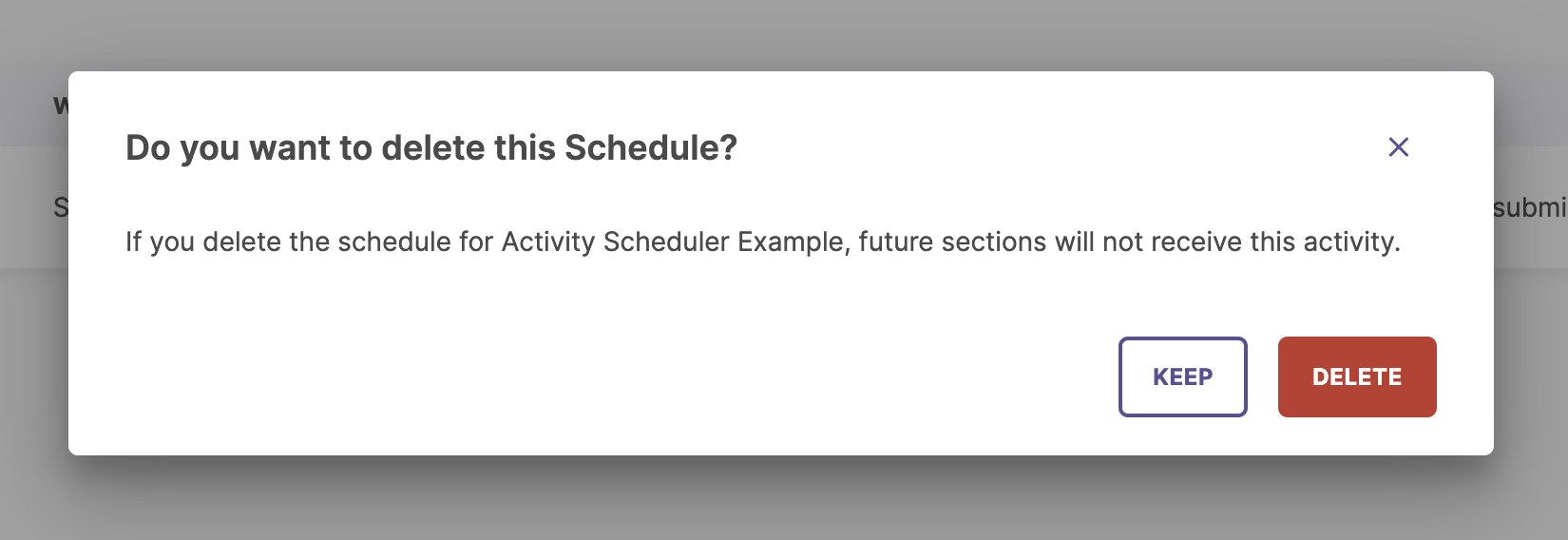 Screenshot of the 'Are you sure' confirmation popup when attempting to delete an activity schedule.