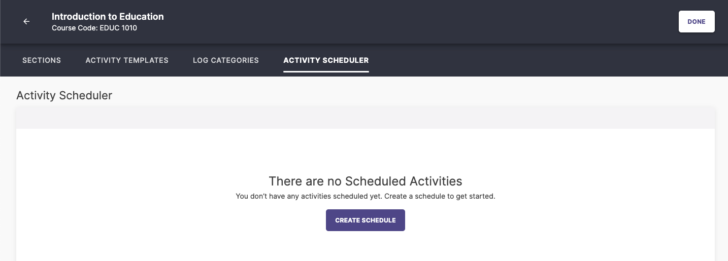 Screenshot of the Activity Scheduler tab in a Course, with the 'Create Schedule' button highlighted.