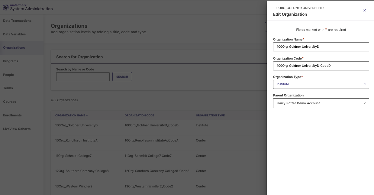 The Edit Organization side menu showing details of Organization like name, code, type, and parent organization.