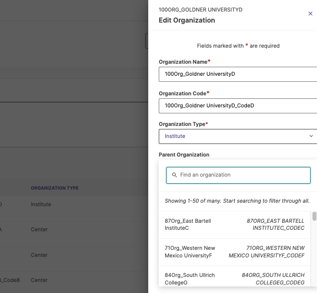 The Edit Organization side menu with the searchable list for Parent Organization highlighted.