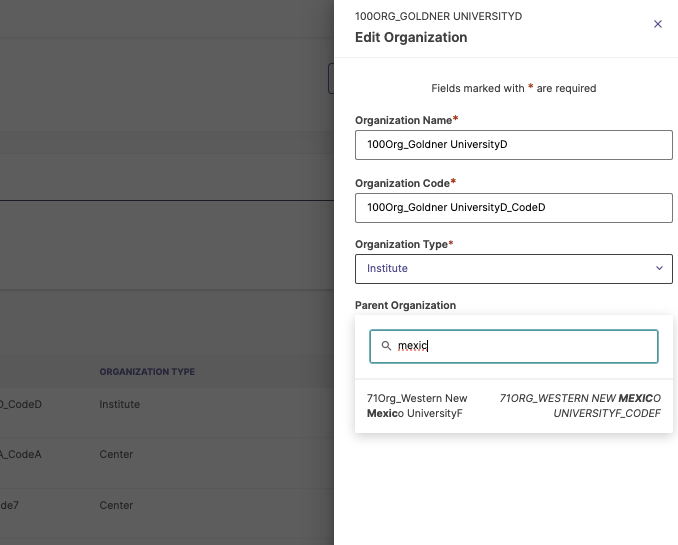 The Edit Organization side menu with fields to enter the organization name or code, and an option to choose the Parent Organization.