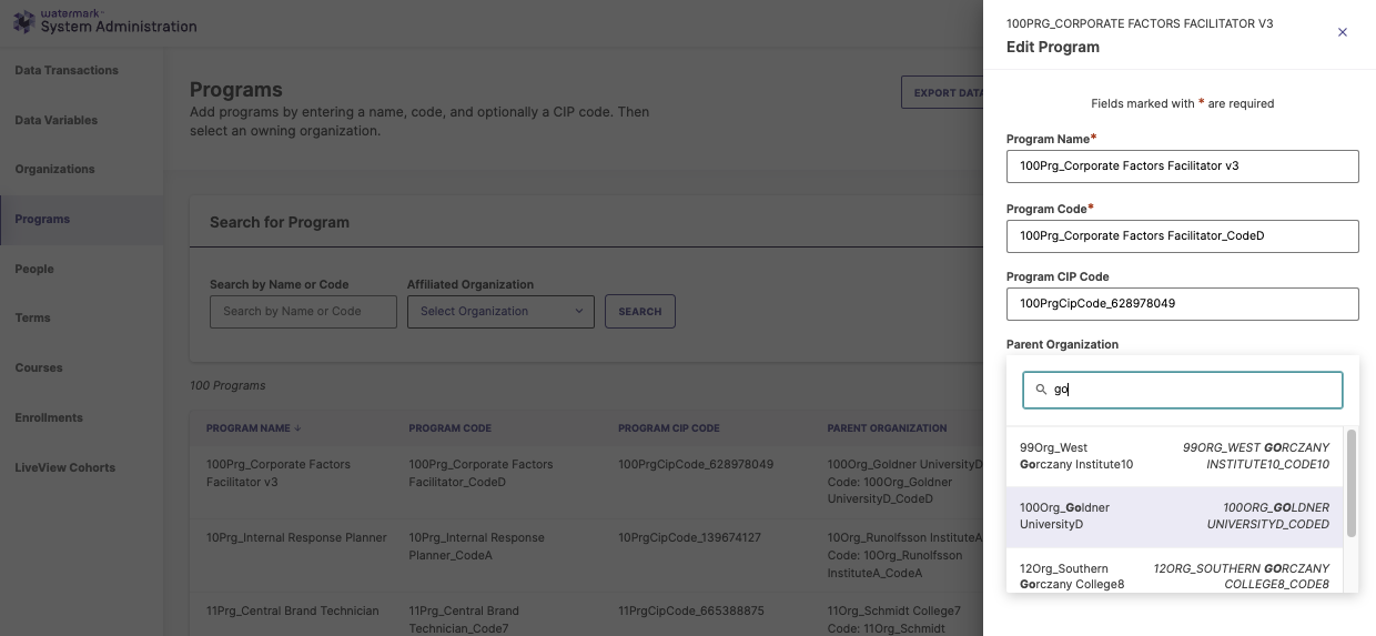 The Edit Program side menu with fields to enter Program Name, Program Code, and Program CIP Code, and an option to choose the Parent Organization.